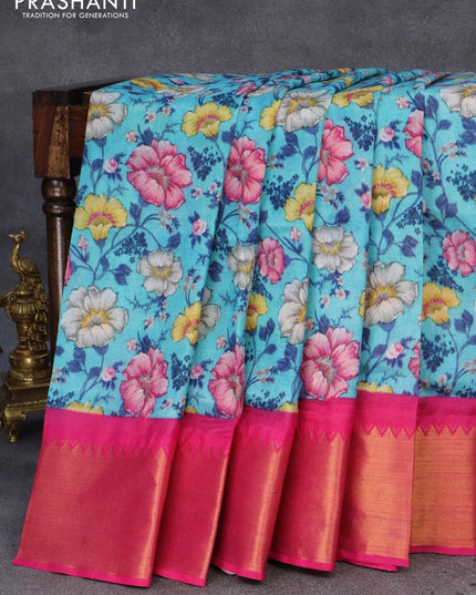 Mangalgiri silk cotton saree light blue and pink with allover floral prints and zari woven border - {{ collection.title }} by Prashanti Sarees