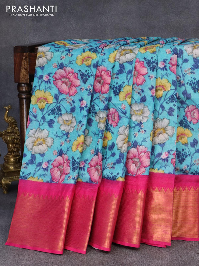 Mangalgiri silk cotton saree light blue and pink with allover floral prints and zari woven border - {{ collection.title }} by Prashanti Sarees