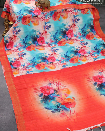 Mangalgiri silk cotton saree light blue and red with allover floral prints and zari woven border - {{ collection.title }} by Prashanti Sarees
