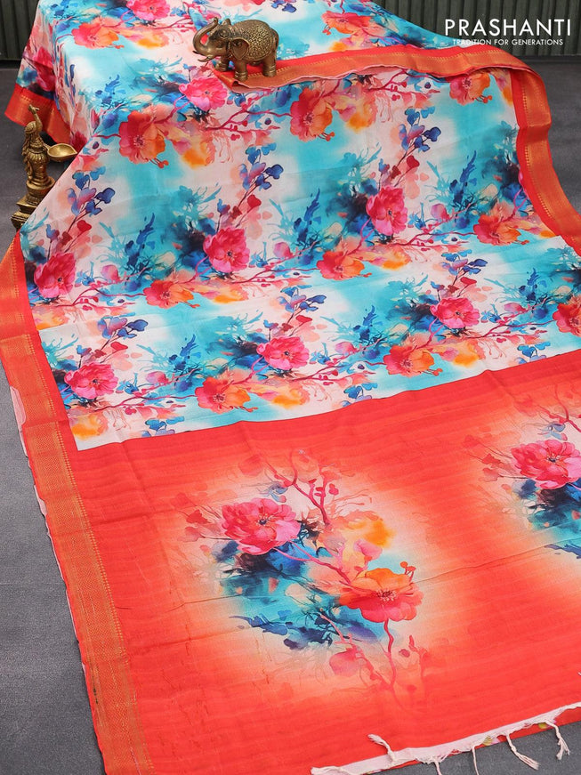 Mangalgiri silk cotton saree light blue and red with allover floral prints and zari woven border - {{ collection.title }} by Prashanti Sarees