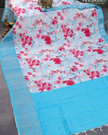 Mangalgiri silk cotton saree light blue shade with allover floral prints and annam & elephant design silver zari woven border - {{ collection.title }} by Prashanti Sarees