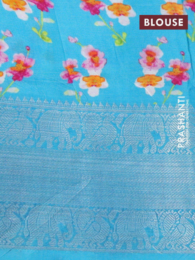 Mangalgiri silk cotton saree light blue shade with allover floral prints and annam & elephant design silver zari woven border - {{ collection.title }} by Prashanti Sarees