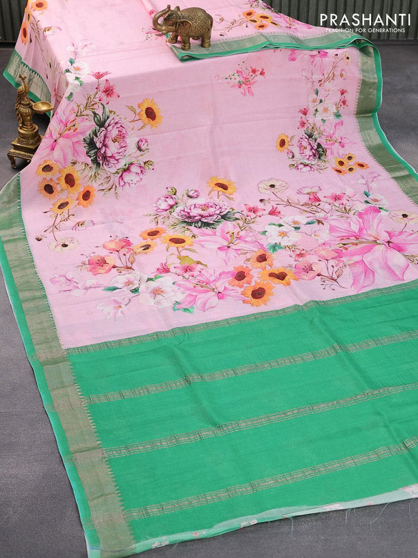 Mangalgiri silk cotton saree light pink and green with allover floral prints and silver zari woven border - {{ collection.title }} by Prashanti Sarees