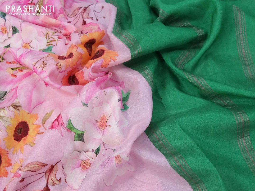 Mangalgiri silk cotton saree light pink and green with allover floral prints and silver zari woven border - {{ collection.title }} by Prashanti Sarees