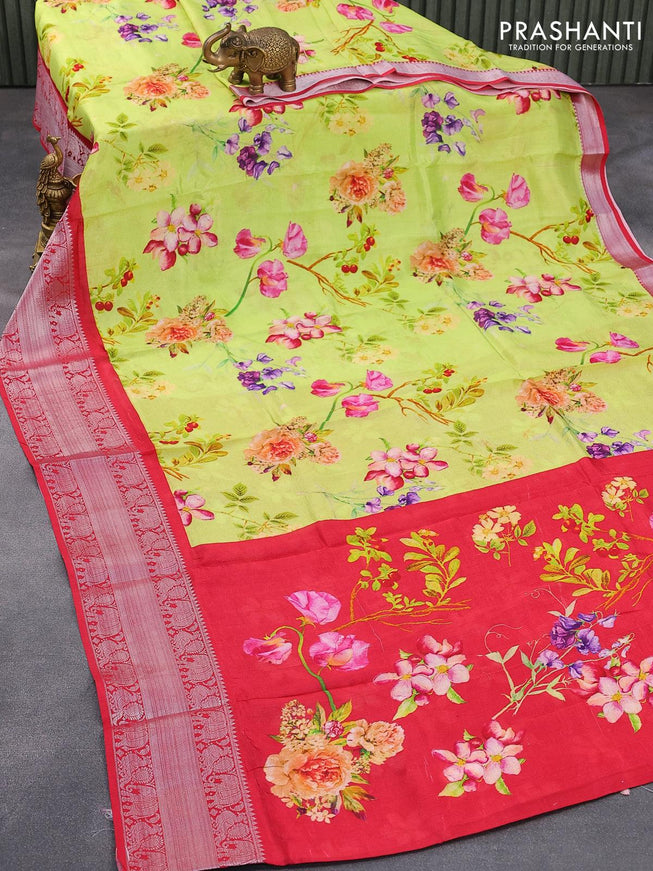 Mangalgiri silk cotton saree lime green and red with allover floral prints and annam & elephant design silver zari woven border - {{ collection.title }} by Prashanti Sarees
