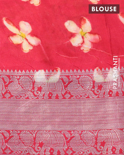 Mangalgiri silk cotton saree lime green and red with allover floral prints and annam & elephant design silver zari woven border - {{ collection.title }} by Prashanti Sarees