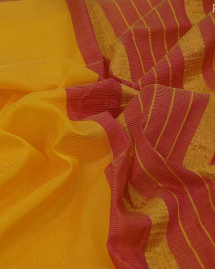 Mangalgiri silk cotton saree mango yellow and pink with hand block printed blouse and annam zari woven border - {{ collection.title }} by Prashanti Sarees