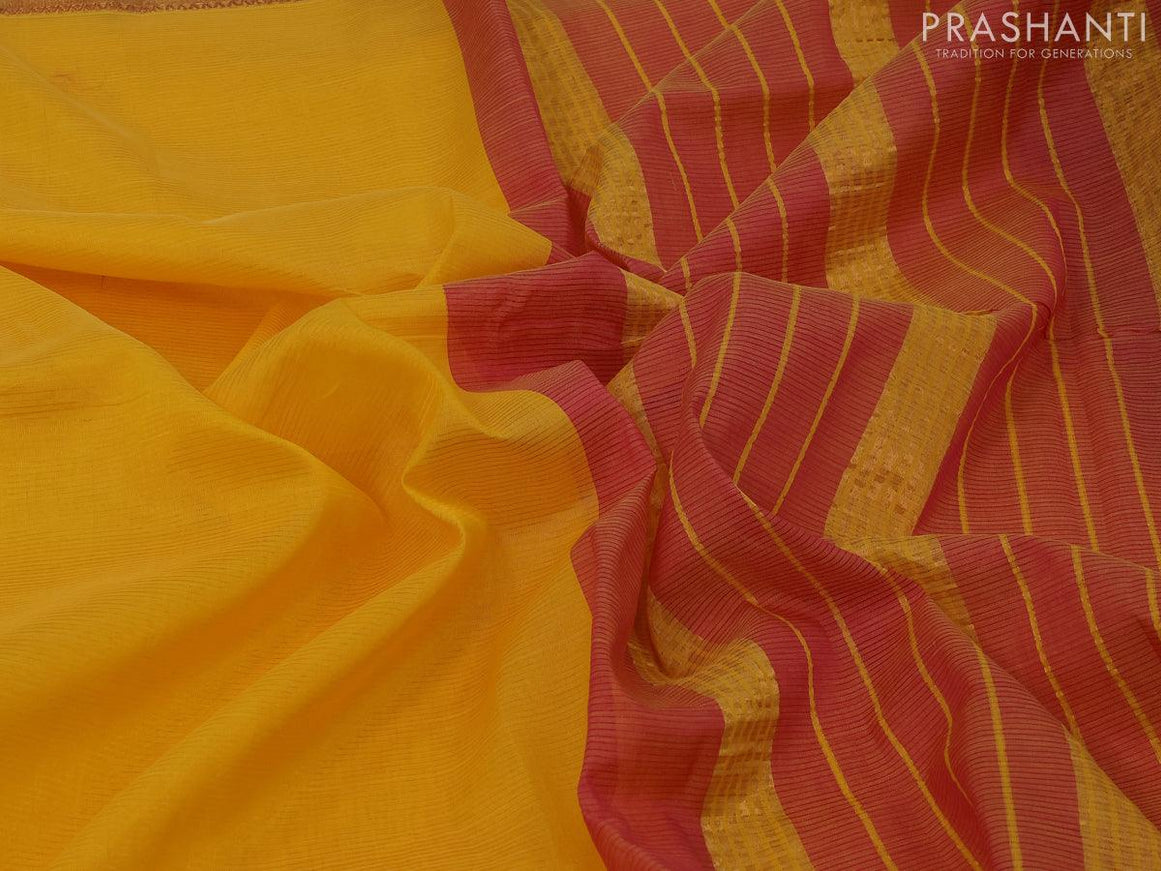 Mangalgiri silk cotton saree mango yellow and pink with hand block printed blouse and annam zari woven border - {{ collection.title }} by Prashanti Sarees