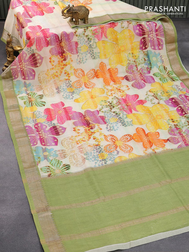 Mangalgiri silk cotton saree mild pista green and green shade with allover floral prints and silver zari woven border - {{ collection.title }} by Prashanti Sarees