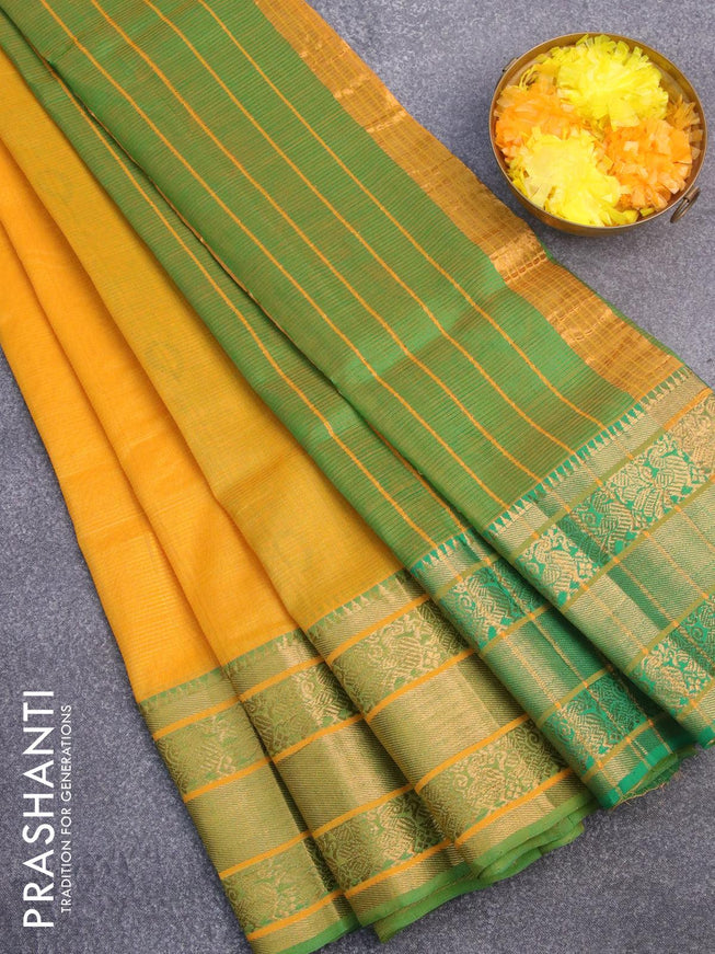 Mangalgiri silk cotton saree mustard yellow and green with hand block printed blouse and annam zari woven border - {{ collection.title }} by Prashanti Sarees