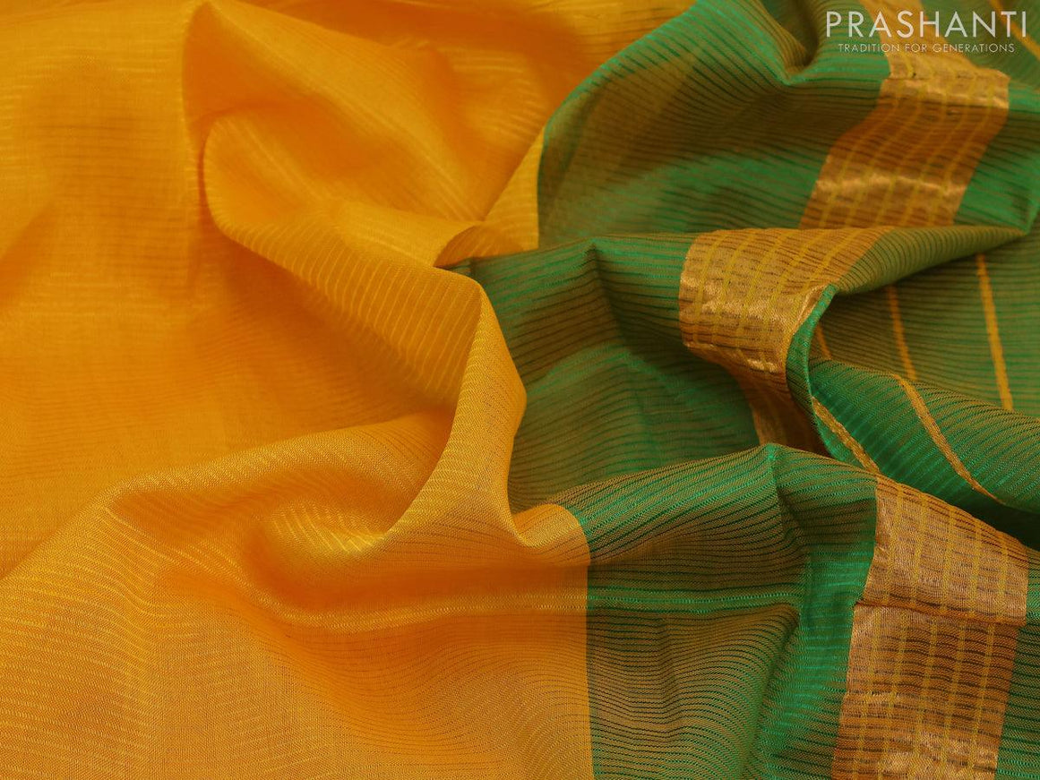 Mangalgiri silk cotton saree mustard yellow and green with hand block printed blouse and annam zari woven border - {{ collection.title }} by Prashanti Sarees