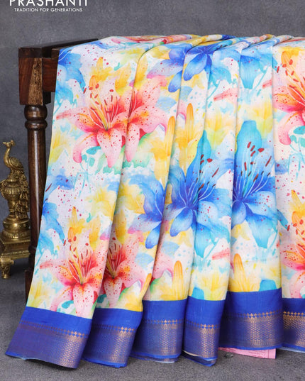 Mangalgiri silk cotton saree off white and blue with allover floral prints and zari woven border - {{ collection.title }} by Prashanti Sarees