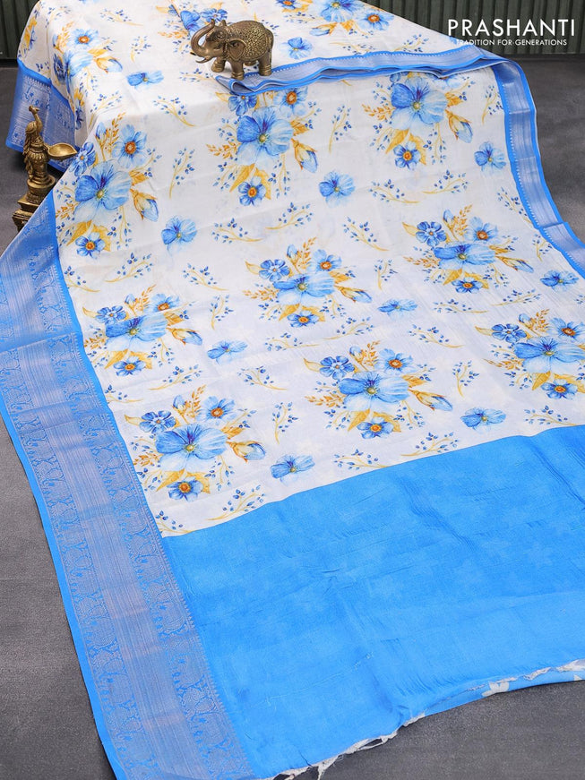 Mangalgiri silk cotton saree off white and cs blue with allover floral prints and annam & elephant design silver zari woven border - {{ collection.title }} by Prashanti Sarees