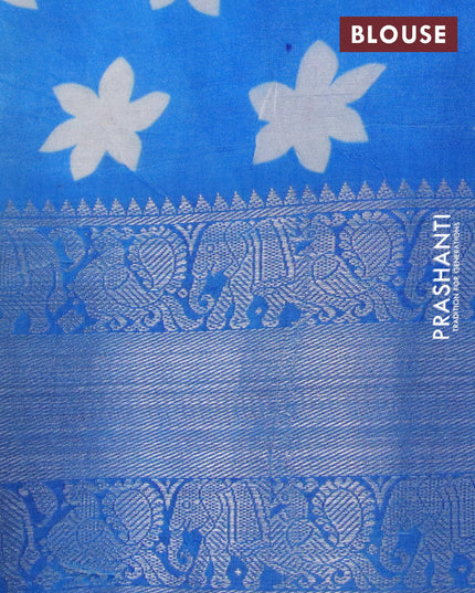 Mangalgiri silk cotton saree off white and cs blue with allover floral prints and annam & elephant design silver zari woven border - {{ collection.title }} by Prashanti Sarees