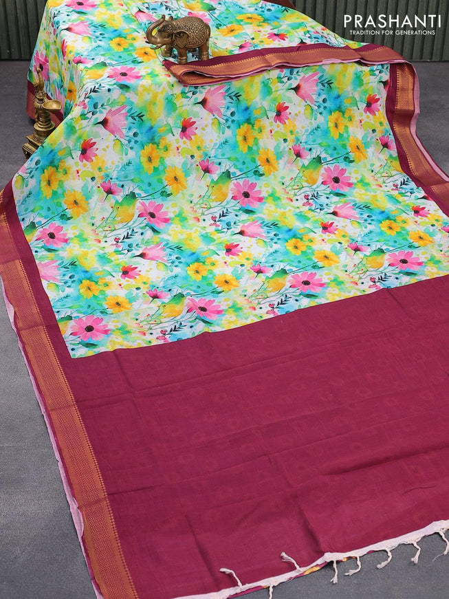 Mangalgiri silk cotton saree off white and dark magenta pink with allover floral prints and zari woven border - {{ collection.title }} by Prashanti Sarees
