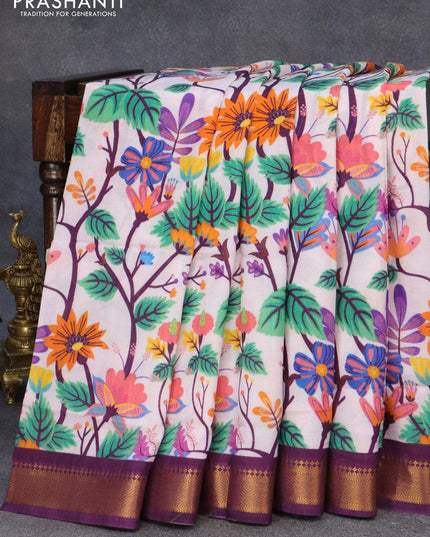 Mangalgiri silk cotton saree off white and deep purple with allover floral prints and zari woven border - {{ collection.title }} by Prashanti Sarees