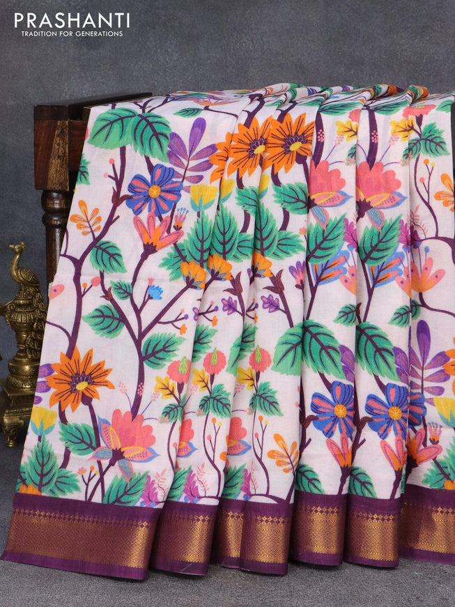Mangalgiri silk cotton saree off white and deep purple with allover floral prints and zari woven border - {{ collection.title }} by Prashanti Sarees