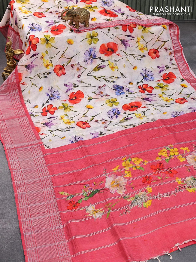 Mangalgiri silk cotton saree off white and maroon with allover floral prints and silver zari woven border - {{ collection.title }} by Prashanti Sarees