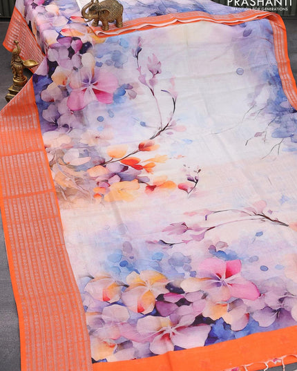 Mangalgiri silk cotton saree off white and orange with allover floral prints and silver zari woven border - {{ collection.title }} by Prashanti Sarees