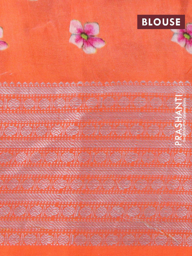 Mangalgiri silk cotton saree off white and orange with allover floral prints and silver zari woven border - {{ collection.title }} by Prashanti Sarees