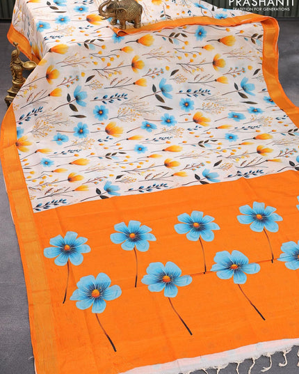 Mangalgiri silk cotton saree off white and orange with allover floral prints and zari woven border - {{ collection.title }} by Prashanti Sarees