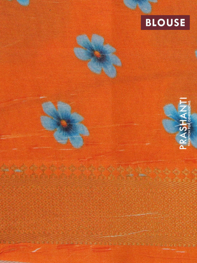 Mangalgiri silk cotton saree off white and orange with allover floral prints and zari woven border - {{ collection.title }} by Prashanti Sarees