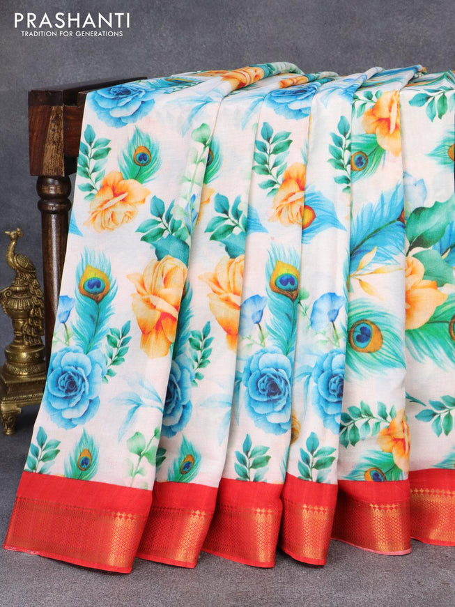 Mangalgiri silk cotton saree off white and red with allover floral prints and zari woven border - {{ collection.title }} by Prashanti Sarees