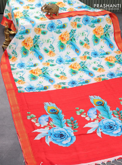 Mangalgiri silk cotton saree off white and red with allover floral prints and zari woven border - {{ collection.title }} by Prashanti Sarees