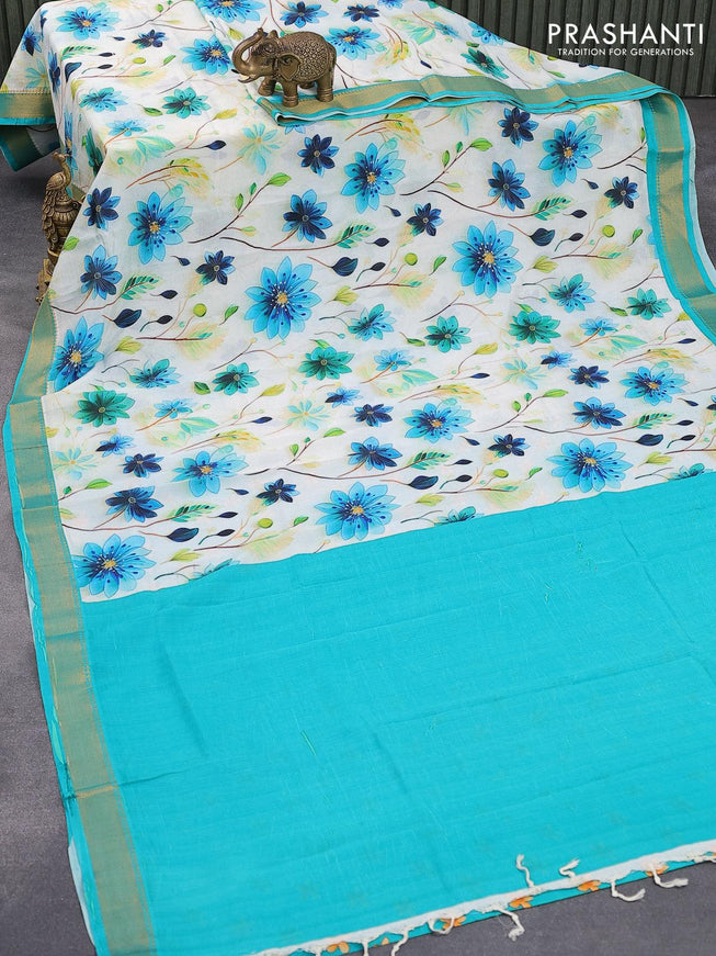 Mangalgiri silk cotton saree off white and teal blue with allover floral prints and zari woven border - {{ collection.title }} by Prashanti Sarees