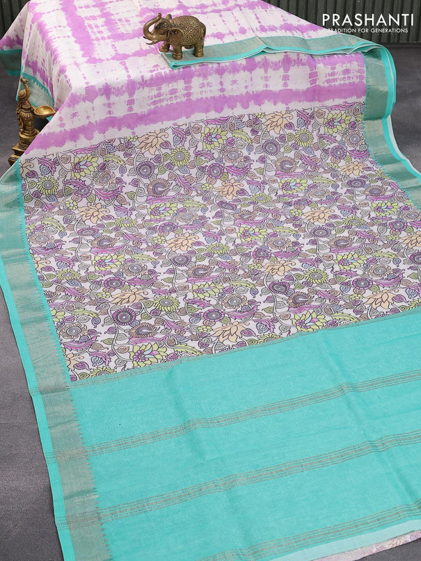Mangalgiri silk cotton saree off white and teal green with allover prints and silver zari woven border - {{ collection.title }} by Prashanti Sarees
