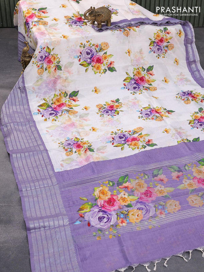 Mangalgiri silk cotton saree off white and violet with allover floral prints and silver zari woven border - {{ collection.title }} by Prashanti Sarees