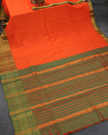 Mangalgiri silk cotton saree orange and dual shade of green with hand block printed blouse and peacock zari woven border - {{ collection.title }} by Prashanti Sarees