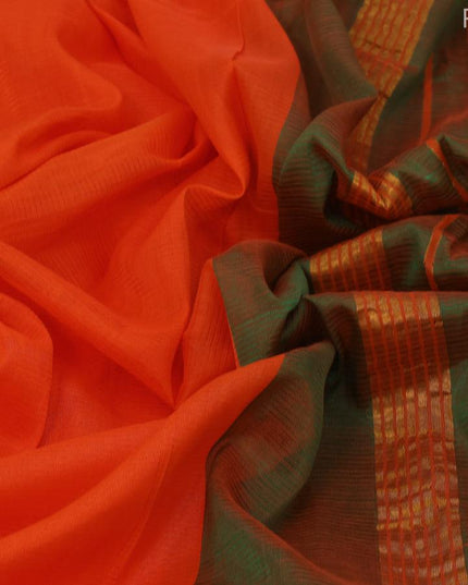 Mangalgiri silk cotton saree orange and dual shade of green with hand block printed blouse and peacock zari woven border - {{ collection.title }} by Prashanti Sarees