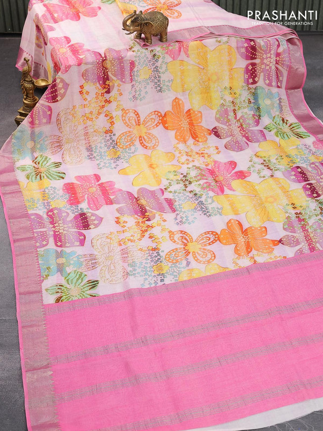 Mangalgiri silk cotton saree pastel pink with floral prints and silver zari woven border - {{ collection.title }} by Prashanti Sarees