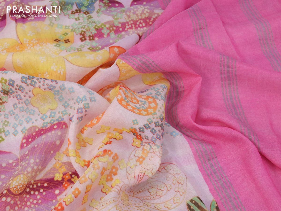 Mangalgiri silk cotton saree pastel pink with floral prints and silver zari woven border - {{ collection.title }} by Prashanti Sarees