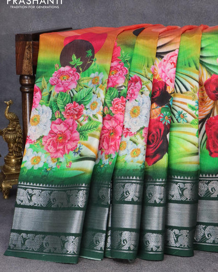Mangalgiri silk cotton saree peach orange and dark green with floral prints and annam & elephant design silver zari woven border - {{ collection.title }} by Prashanti Sarees