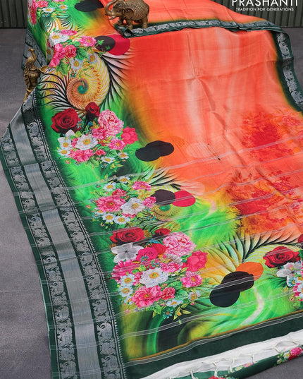 Mangalgiri silk cotton saree peach orange and dark green with floral prints and annam & elephant design silver zari woven border - {{ collection.title }} by Prashanti Sarees