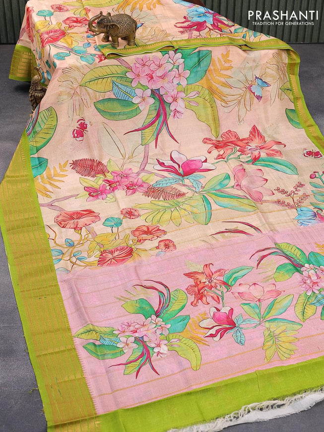 Mangalgiri silk cotton saree peach orange and light green with allover floral prints and zari woven border - {{ collection.title }} by Prashanti Sarees