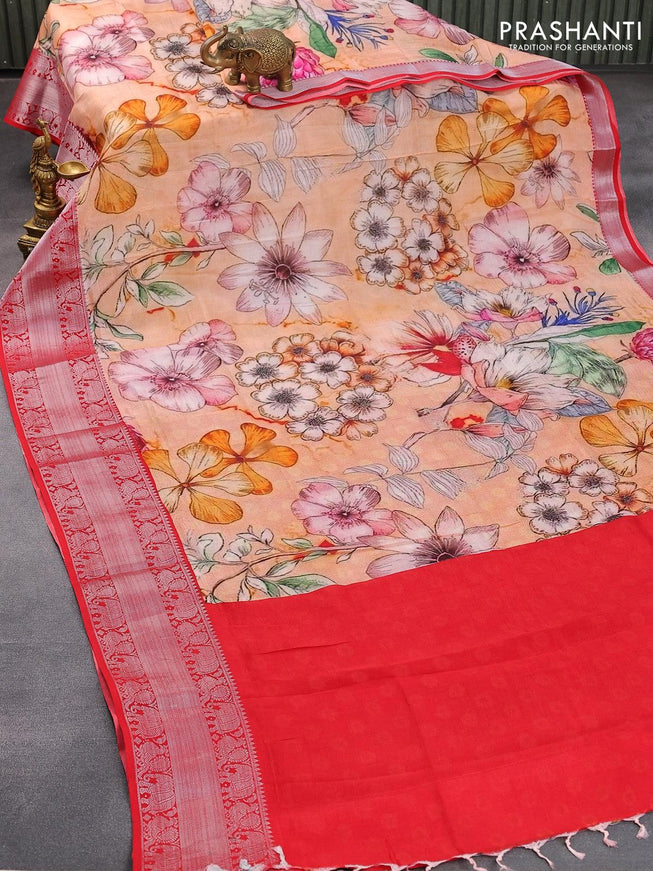 Mangalgiri silk cotton saree peach orange and red with allover floral prints and annam & elephant design silver zari woven border - {{ collection.title }} by Prashanti Sarees