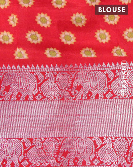 Mangalgiri silk cotton saree peach orange and red with allover floral prints and annam & elephant design silver zari woven border - {{ collection.title }} by Prashanti Sarees