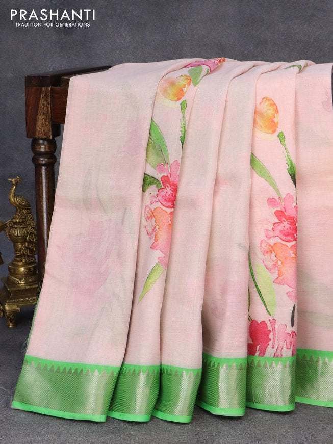 Mangalgiri silk cotton saree peach pink and green with allover floral prints and silver zari woven border - {{ collection.title }} by Prashanti Sarees