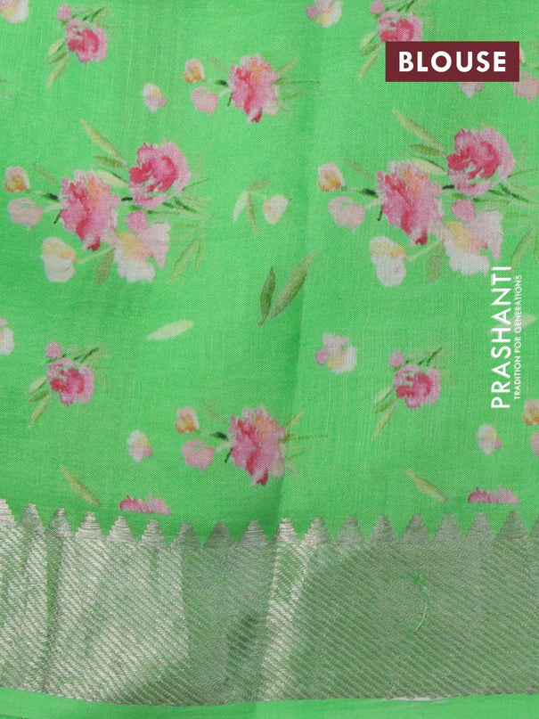 Mangalgiri silk cotton saree peach pink and green with allover floral prints and silver zari woven border - {{ collection.title }} by Prashanti Sarees