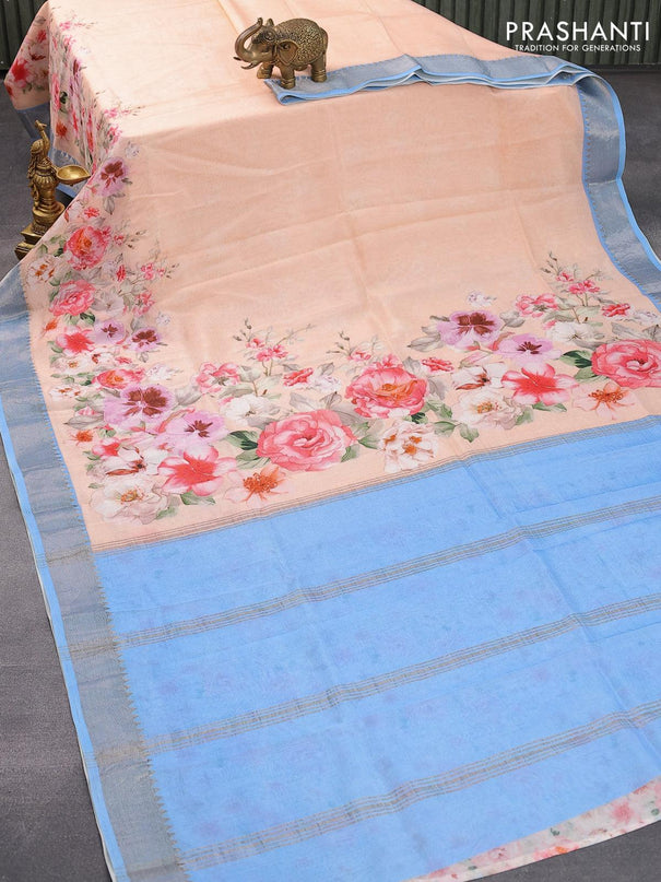 Mangalgiri silk cotton saree peach shade and light blue with allover floral prints and silver zari woven border - {{ collection.title }} by Prashanti Sarees
