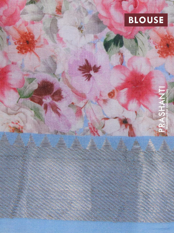 Mangalgiri silk cotton saree peach shade and light blue with allover floral prints and silver zari woven border - {{ collection.title }} by Prashanti Sarees