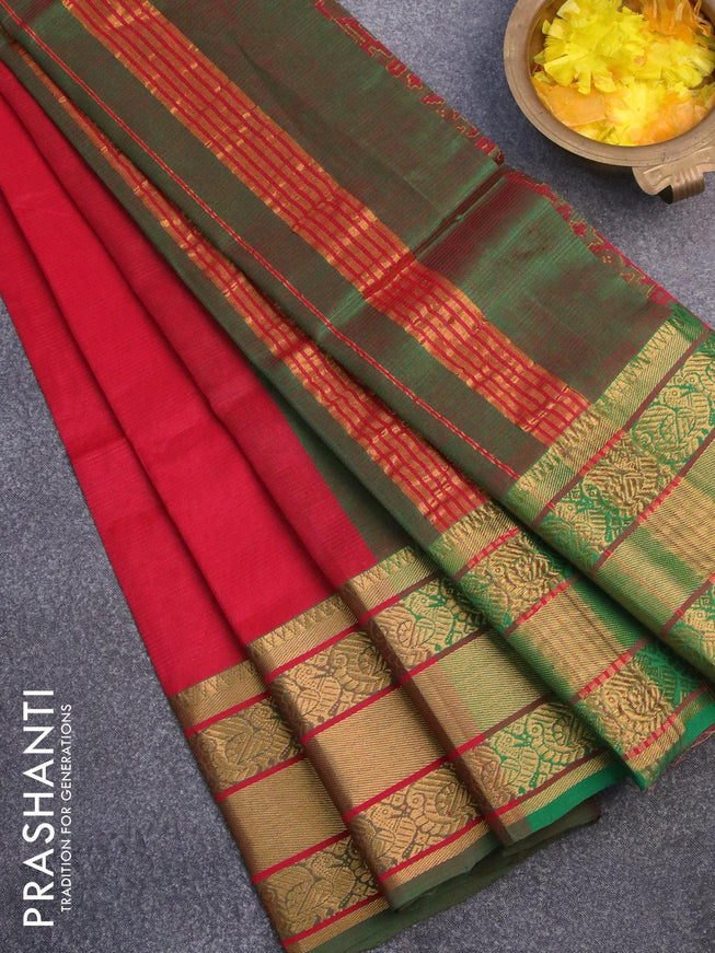 Mangalgiri silk cotton saree pink and dual shade of green with hand block printed blouse and annam zari woven border - {{ collection.title }} by Prashanti Sarees