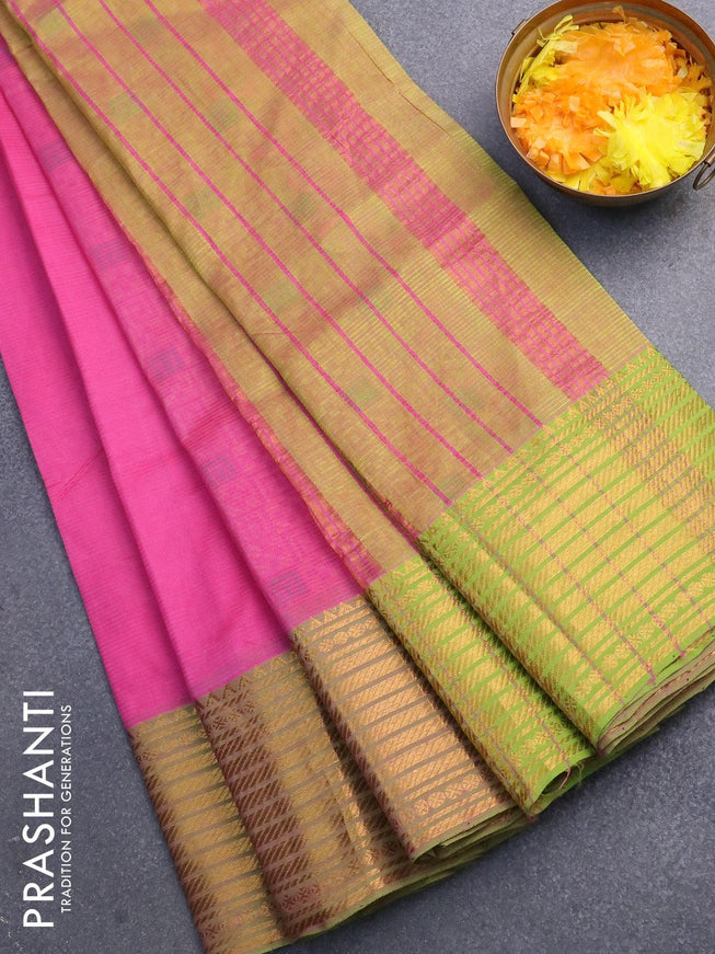 Mangalgiri silk cotton saree pink and dual shade of light green with hand block printed blouse and zari woven border - {{ collection.title }} by Prashanti Sarees