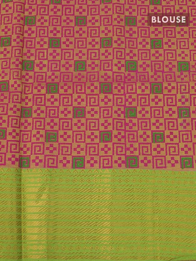 Mangalgiri silk cotton saree pink and dual shade of light green with hand block printed blouse and zari woven border - {{ collection.title }} by Prashanti Sarees