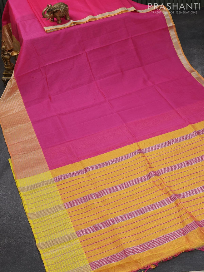 Mangalgiri silk cotton saree pink and dual shade of yellow with hand block printed blouse and silver zari woven border - {{ collection.title }} by Prashanti Sarees