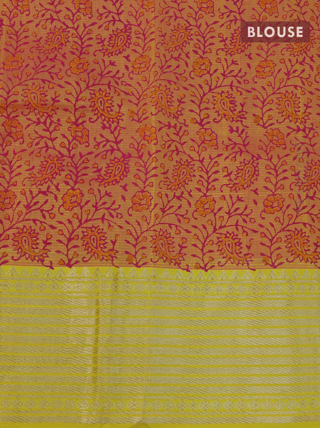 Mangalgiri silk cotton saree pink and dual shade of yellow with hand block printed blouse and silver zari woven border - {{ collection.title }} by Prashanti Sarees