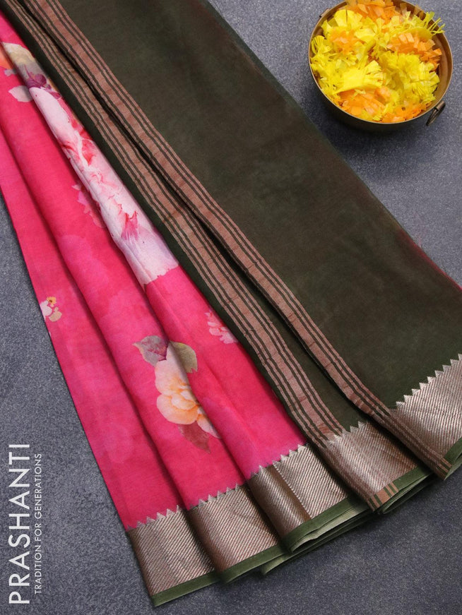 Mangalgiri silk cotton saree pink and green with allover floral digital prints and silver zari woven border - {{ collection.title }} by Prashanti Sarees